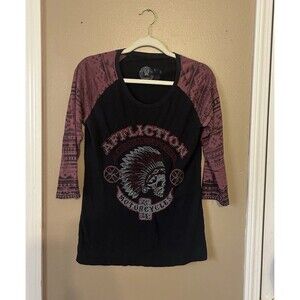 Affliction Women Large American Custom Grunge Biker Shirt Native Skull Embroider